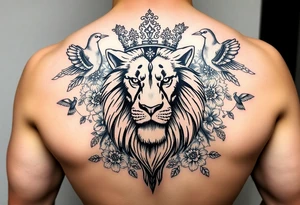 powerful majestic lion with a crown, surrounded by floral ornaments and birds tattoo idea