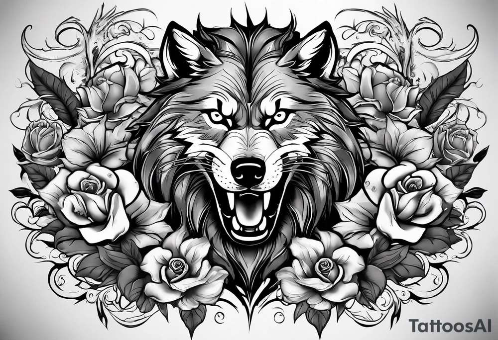 Raging storm with vicious wolf. Design for a chest piece.  Include roses and lilys tattoo idea