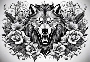 Raging storm with vicious wolf. Design for a chest piece.  Include roses and lilys tattoo idea