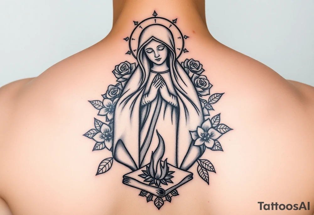Mother mary with roses around her head, and a burnt up paper under her feet tattoo idea