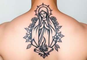 Mother mary with roses around her head, and a burnt up paper under her feet tattoo idea