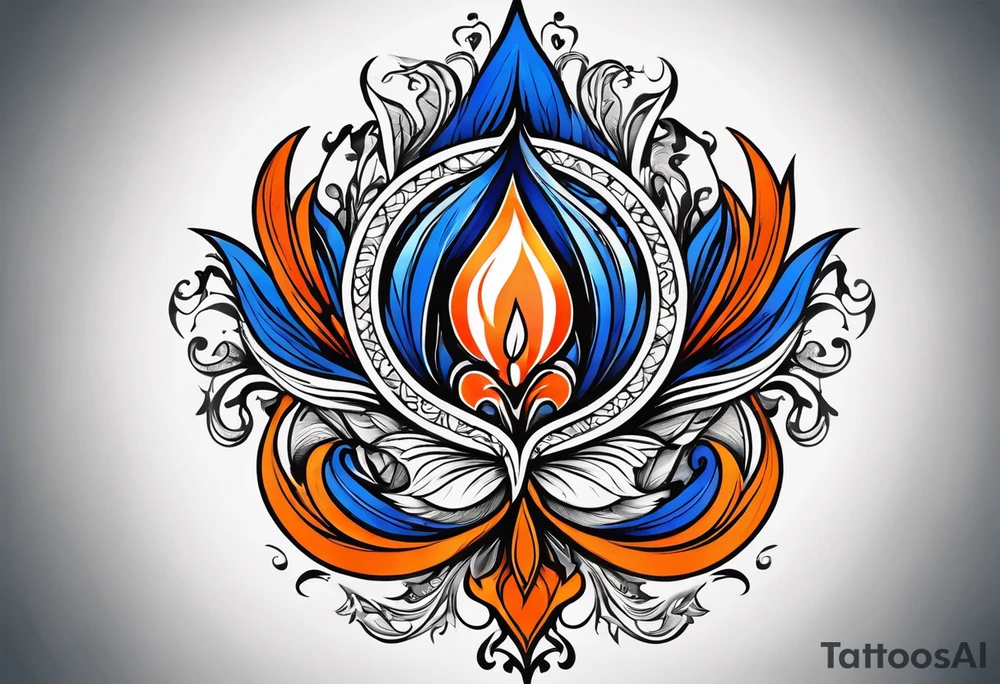 Blue and orange flame that has a half square thin line border. Make it as small as possible. The tattoo should be the size of a half dollar coin. tattoo idea