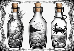 A message in a bottle. Rolled up map inside the bottle with a crab hanging on to the outside of the bottle. The bottle has a cork. tattoo idea