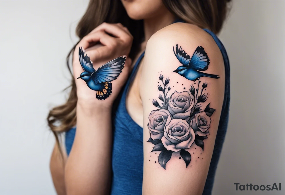 Rocky mountains with mountain blue birds and monarch butterflies with wild prairie roses  for a half sleeve tattoo idea