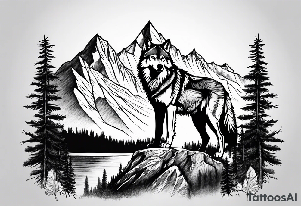 Mountains, wolf in it tattoo idea