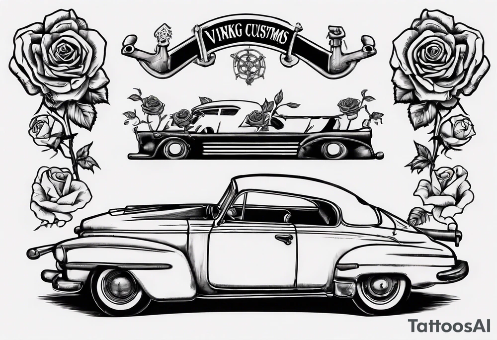 I want a tattoo of an old vintage classic car and a skeleton with roses in the back with the name “Viking Customs” incorporated in the design tattoo idea