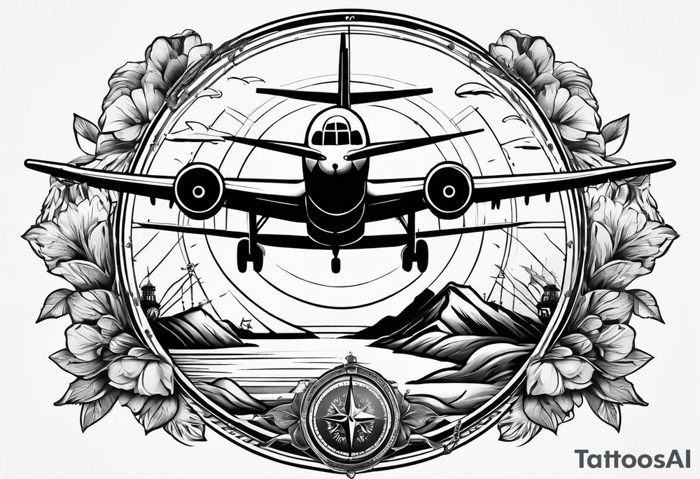 compass with airplane flying out of it tattoo idea