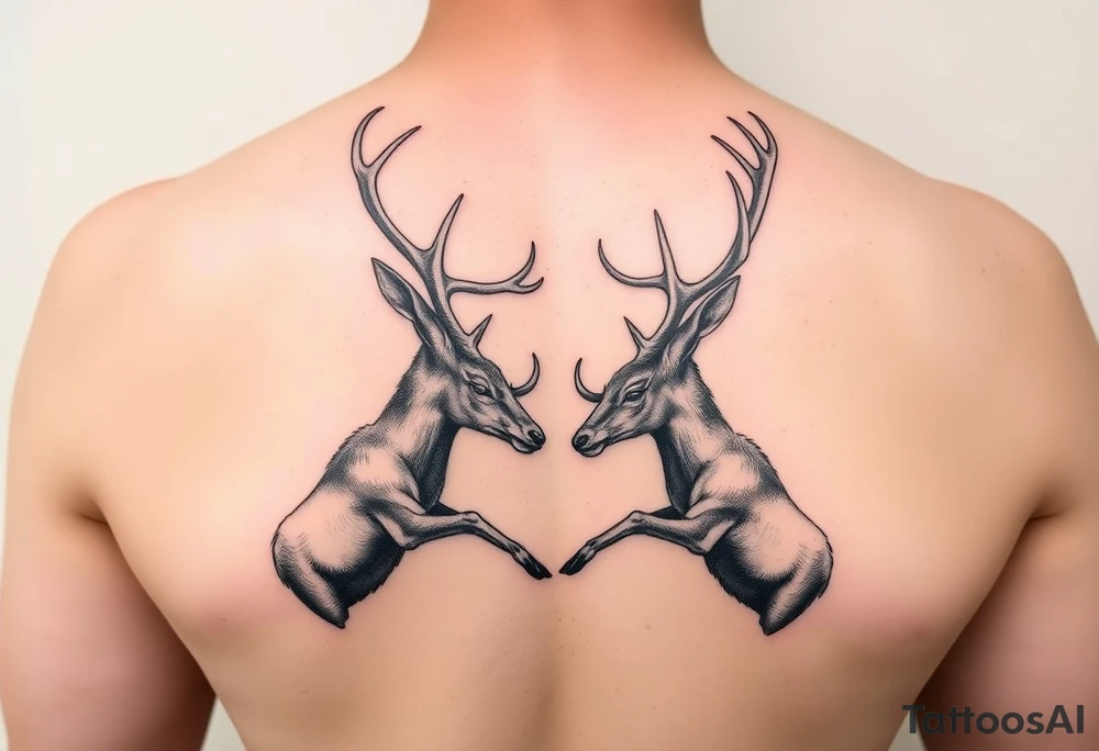 Two full body deer hitting horns in a low down fighting manner tattoo idea