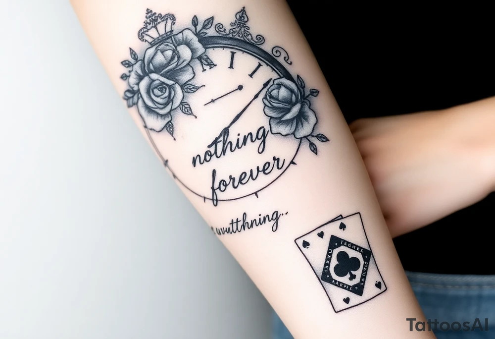Roman clock with roses and a crown, a quote that says nothings forever. and on the bottom a deck of cards tattoo idea