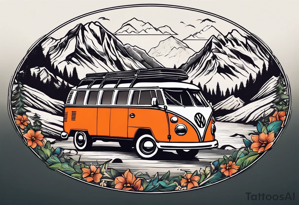 directional Compass rose, mountains and VW Komi campervan tattoo idea