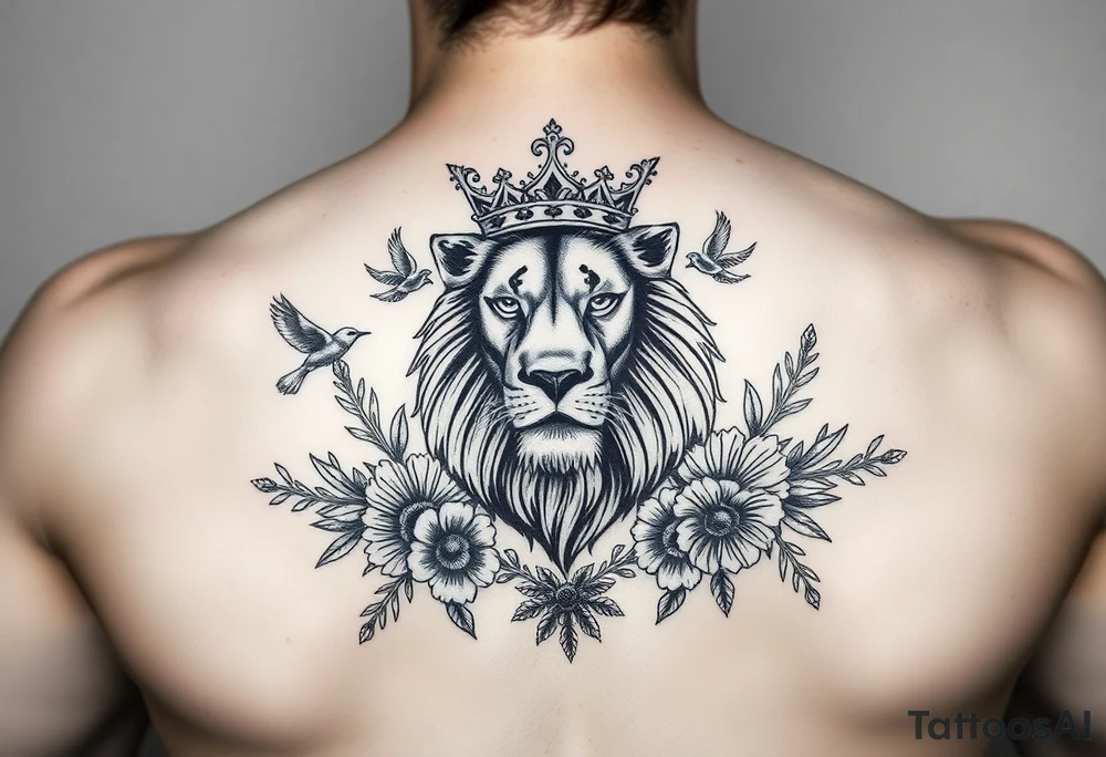 powerful majestic lion with a crown, surrounded by floral ornaments and birds tattoo idea