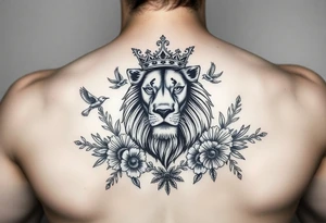 powerful majestic lion with a crown, surrounded by floral ornaments and birds tattoo idea