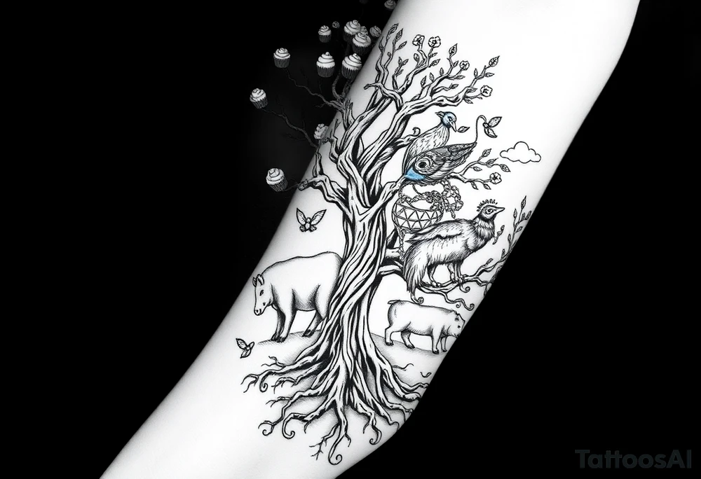 mystical tree of life with cosmic roots and celestial branches fat naked sexy woman , peacock , pig , cupcakes, liquor, cigerette, Storm clouds, pig, peacock , fat sexy naked fat woman, cupcakes, noose , money, goat lion, couple having sex, cigerette storm lightening, killing, darkness death, violent majestic creatures tattoo idea