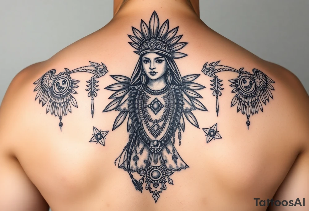 Purepecha princess surrounded by purepecha symbols historic tattoo idea