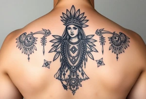 Purepecha princess surrounded by purepecha symbols historic tattoo idea