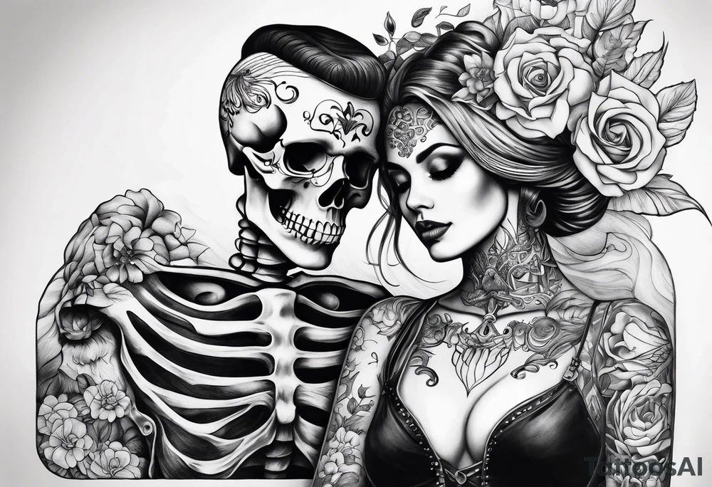 A skeleton and woman together With a quote tattoo idea