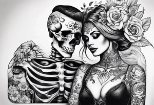 A skeleton and woman together With a quote tattoo idea