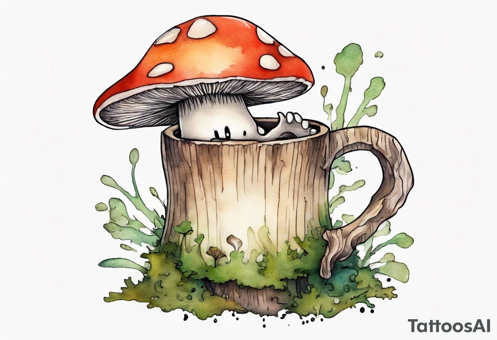 a mushroom with a face and a moss beard and arms and legs drinking from a wood mug tattoo idea