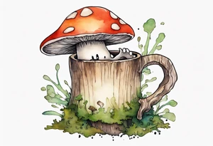 a mushroom with a face and a moss beard and arms and legs drinking from a wood mug tattoo idea