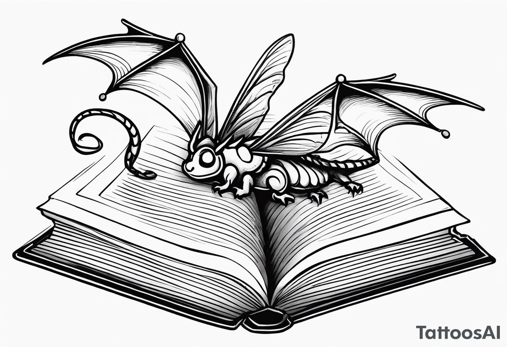 an open fantasy book. a flying dragon. One pawn piece. a cluster of lavender with a bee under book tattoo idea