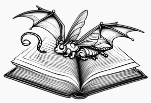 an open fantasy book. a flying dragon. One pawn piece. a cluster of lavender with a bee under book tattoo idea