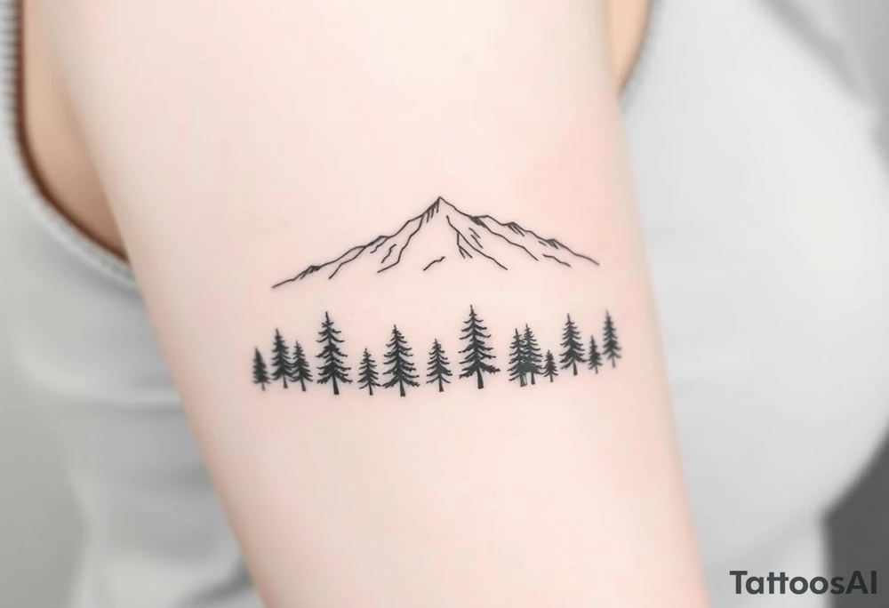 Row of trees fading into mist, mountains rising above. Forest represents struggle, peaks symbolize clarity. Minimalist tattoo idea