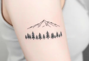 Row of trees fading into mist, mountains rising above. Forest represents struggle, peaks symbolize clarity. Minimalist tattoo idea