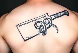 A butcher’s cleaver with “the thousandth man” written on the blade.
The cleaver is cutting the number 999.
The 999 is like a head of a snake tattoo idea