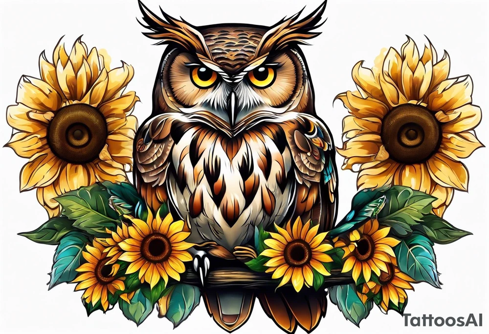 Owl with butterfly and sunflower tattoo idea