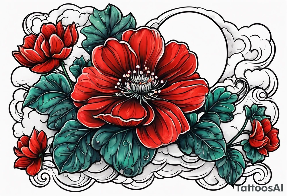 Raining cloud and moon with red geraniums tattoo idea
