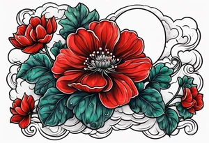 Raining cloud and moon with red geraniums tattoo idea