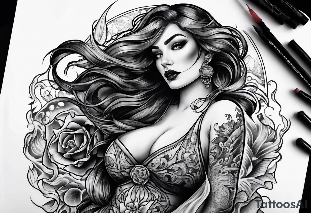 Full-body portrait of a beautiful Eldridge horror woman of the sea tattoo idea