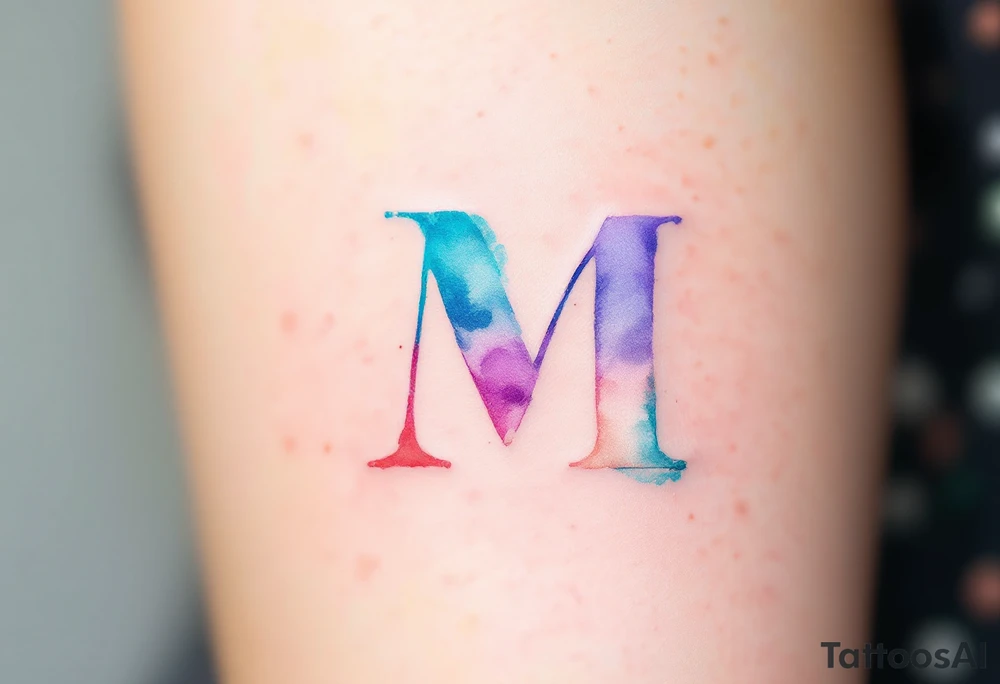 A watercolor "M" in blended shades of teal, lavender, and coral, with a brushstroke effect. tattoo idea