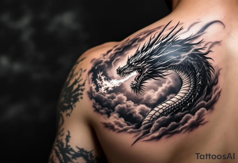 fierce dragon breathing iridescent fire against stormy skies tattoo idea