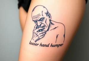 pathetic ugly man with small penis masturbating with caption “loser hand humper” tattoo idea