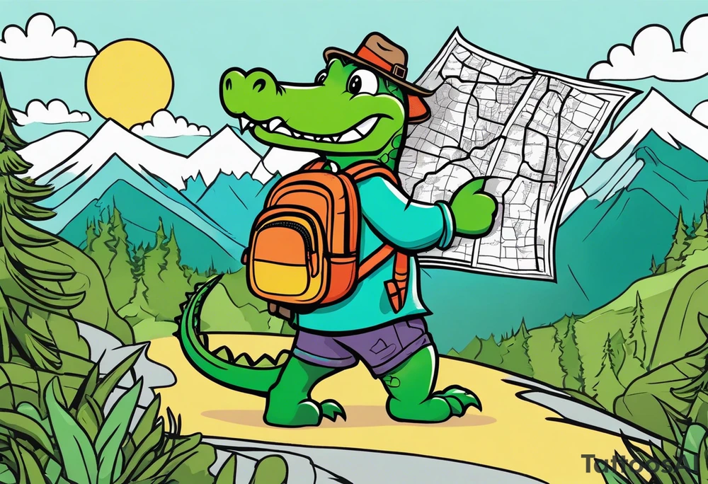 Cartoon alligator with a map and backpack lost in the mountains tattoo idea