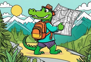 Cartoon alligator with a map and backpack lost in the mountains tattoo idea