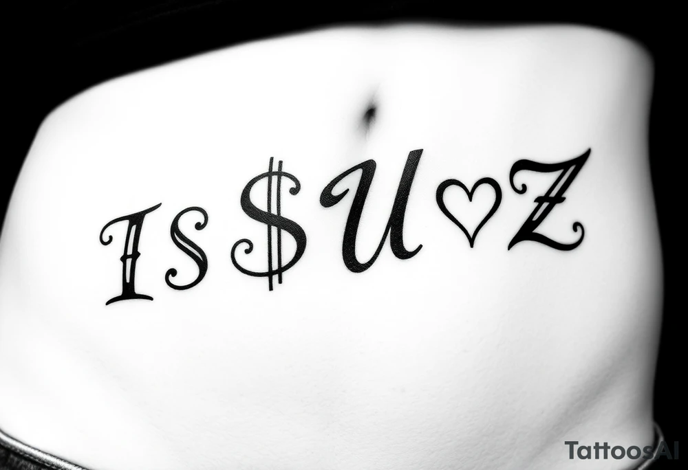 It'll be a large tattoo cross my stomach kind of arched like the old white trash tattoos you'd see like in the 90s. The word it's going to be I S $ U ə Z the second s is going to be money signed backwards the E is going to be backwards and kind of tilted more like like the Internet Explorer e or maybe it's Intel or something like that these going to be lowercase and backwards kind of tilted and I want to be ours like going up and over the belly button kind of or maybe taking up like a larger area but like arched as well as the lowercase e backwards tilted and only one of the s's is going to be the backwards money sign tattoo idea