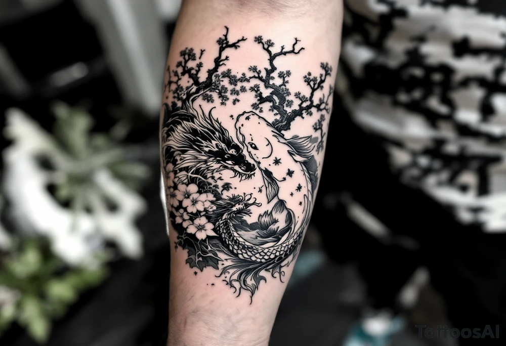 koi fish fighting a dragon with a sakura tree in the background, Japanese inspired piece tattoo idea