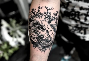 koi fish fighting a dragon with a sakura tree in the background, Japanese inspired piece tattoo idea