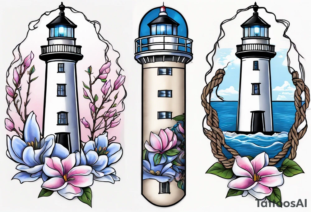 tattoo of a light house bordered by magnolia flowers and rope. In the background there is a periwinkle blue cancer awareness ribbon being lit up by the lighthouse tattoo idea