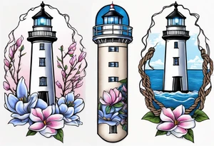 tattoo of a light house bordered by magnolia flowers and rope. In the background there is a periwinkle blue cancer awareness ribbon being lit up by the lighthouse tattoo idea