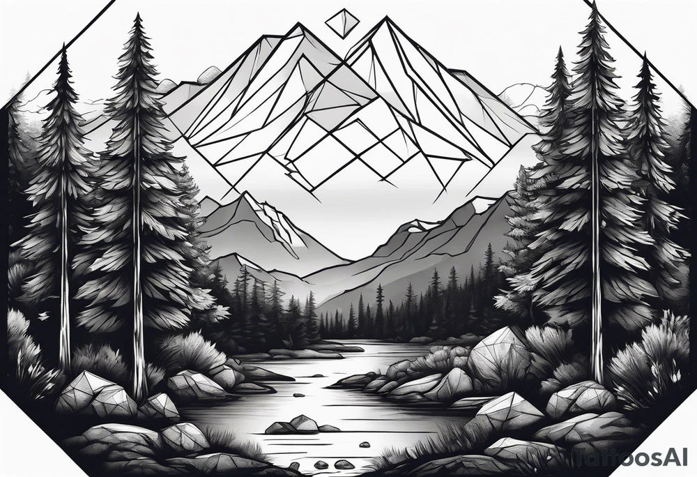 a forest along the edges with mountains below and in the distance with full trees and a diamond in the middle tattoo idea
