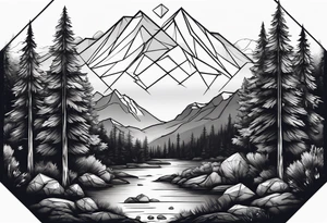 a forest along the edges with mountains below and in the distance with full trees and a diamond in the middle tattoo idea