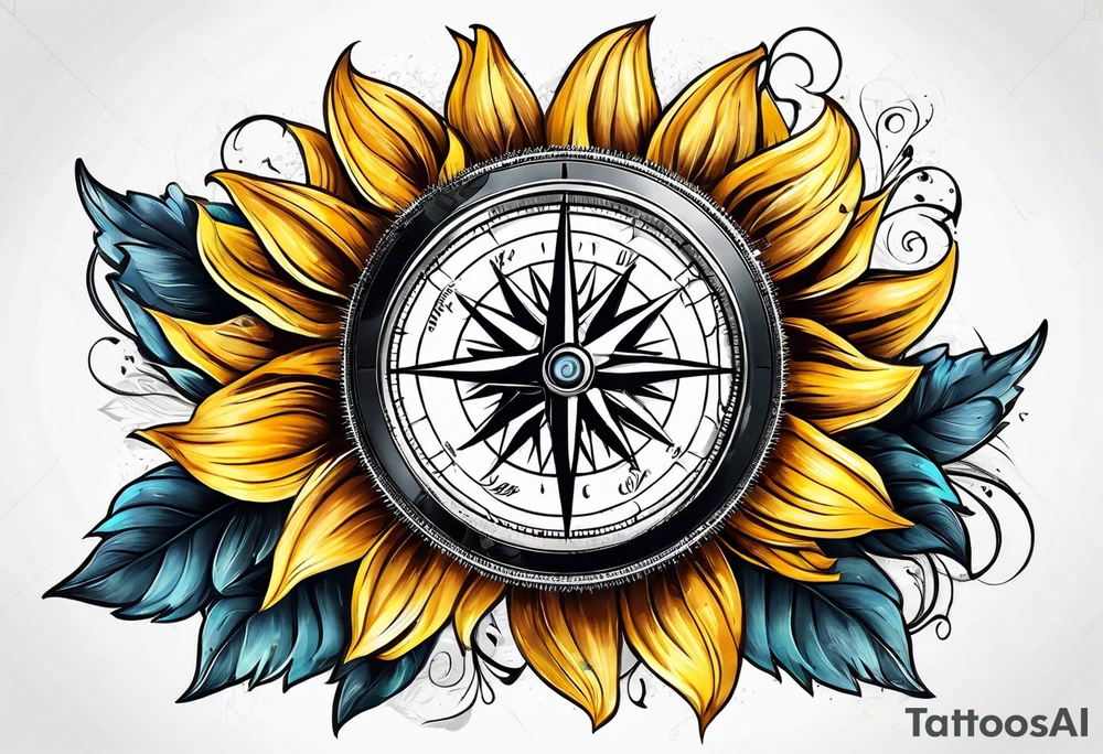 Sunflower next to a compass tattoo idea