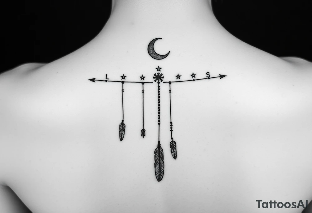 Narrow vertical memorial chain of symbols made of a moon, stars symbolizing loss, a brother and sister bond, and strength in a native script style following down the spine in with 3 vertical different lengths flowing lines made of a discreet connection of morse code ".--- .- --.     .-.. ... -.- .- .-.   -.. .. --.     .-.. .. .-.. .-.. . -... .-. --- .-. forming 3 arrow shapes connected to 3 flowing feathers hanging from the end of the morse code lines tattoo idea