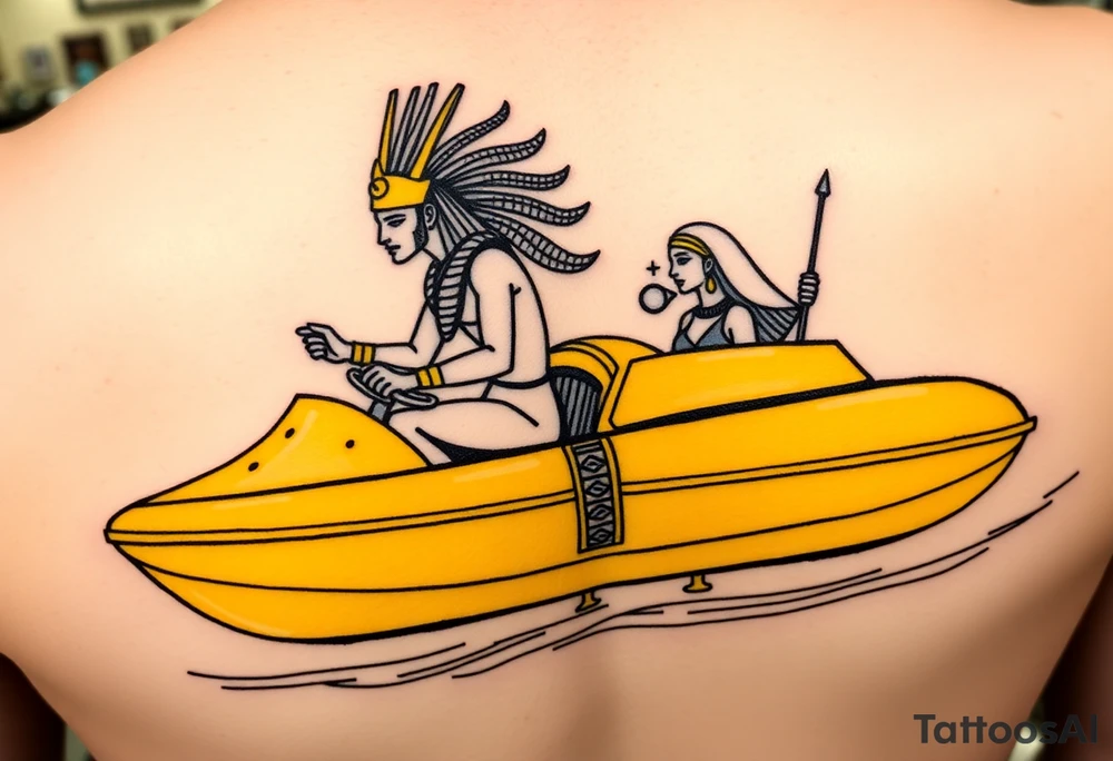 "Anubis driving a yellow Uber-styled solar barge.  
Passengers:  
- Голый Пикассо (из «Ампир V»)  
- Алиса (с табличкой 'Аид – 5★')  
Meter reads: *'SOUL: 4.8 rating (would not reincarnate)'*.  

Style: Urban hieroglyph. Black/yellow. Calf." tattoo idea