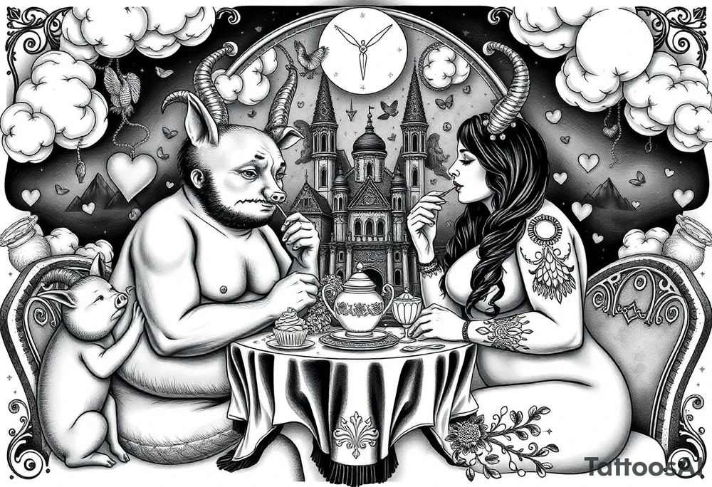 Naked Man and fat woman having sex eating cupcakes and  fruit  having sexy naked fat lady having a tea party with tea pots  swith fancy castle  
with mystical  a pigs, peacock,  lion, goat, noose and smoking cigerettes looking in the mirror thru storm clouds and broken hearts and darkness and wrath, envy , gluttony, greed, sloth, pride . Gothic tattoo idea