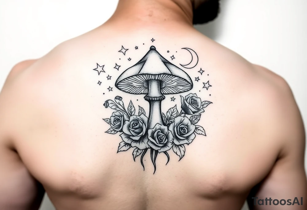 Fairy mushroom surrounded by roses and stars and moon tattoo idea