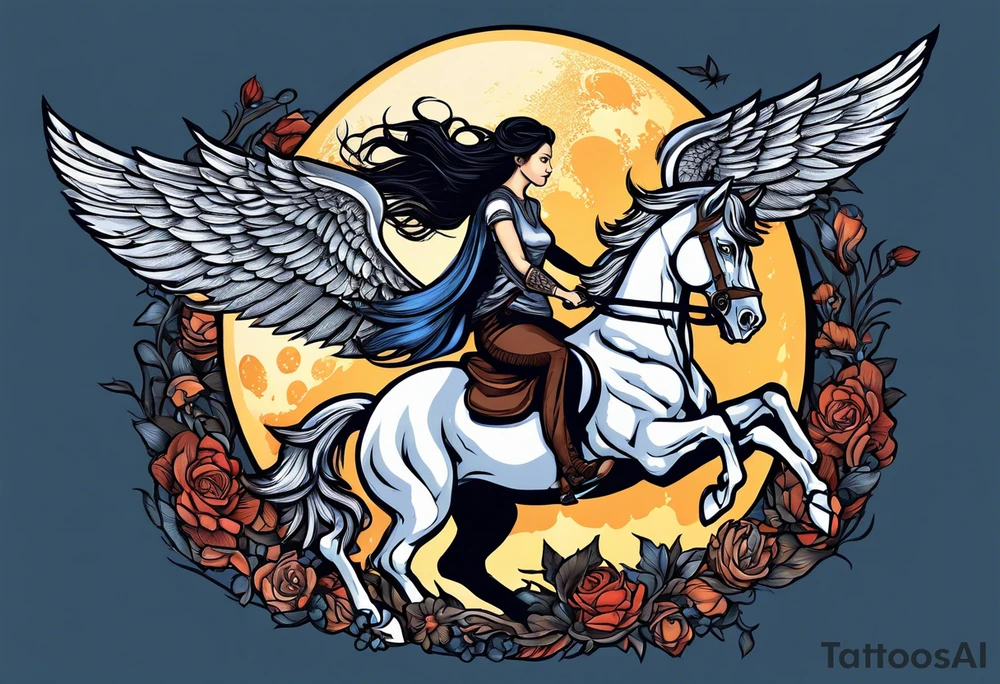 Edgy woman riding a Pegasus fighting a werewolf under a full moon tattoo idea